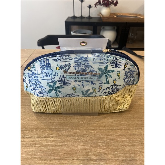 Wandering Moon Handbags - Straw Woven Blend Zip Make Up-Cosmetic Travel Bag Vacation 13"x7" Wandering Moon